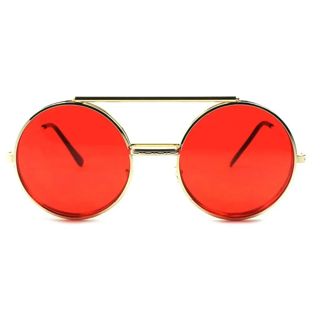 Retro Style Mens Womens Django Lennon Gold Flip Up Red Lens Round Sunglasses